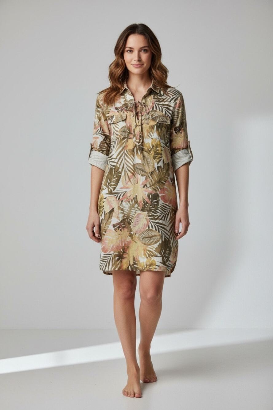 Margaritaville Tropical Leaf Print 100% Linen Roll-tab Sleeve Shift Dress Size S